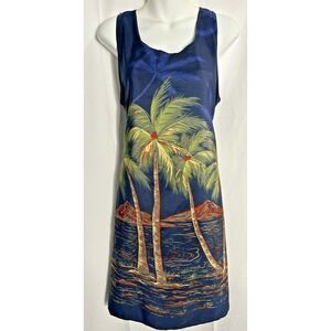Looking Good Vintage Hawaiian Dress Palm Trees Blue Sleeveless Tropical - Large‎